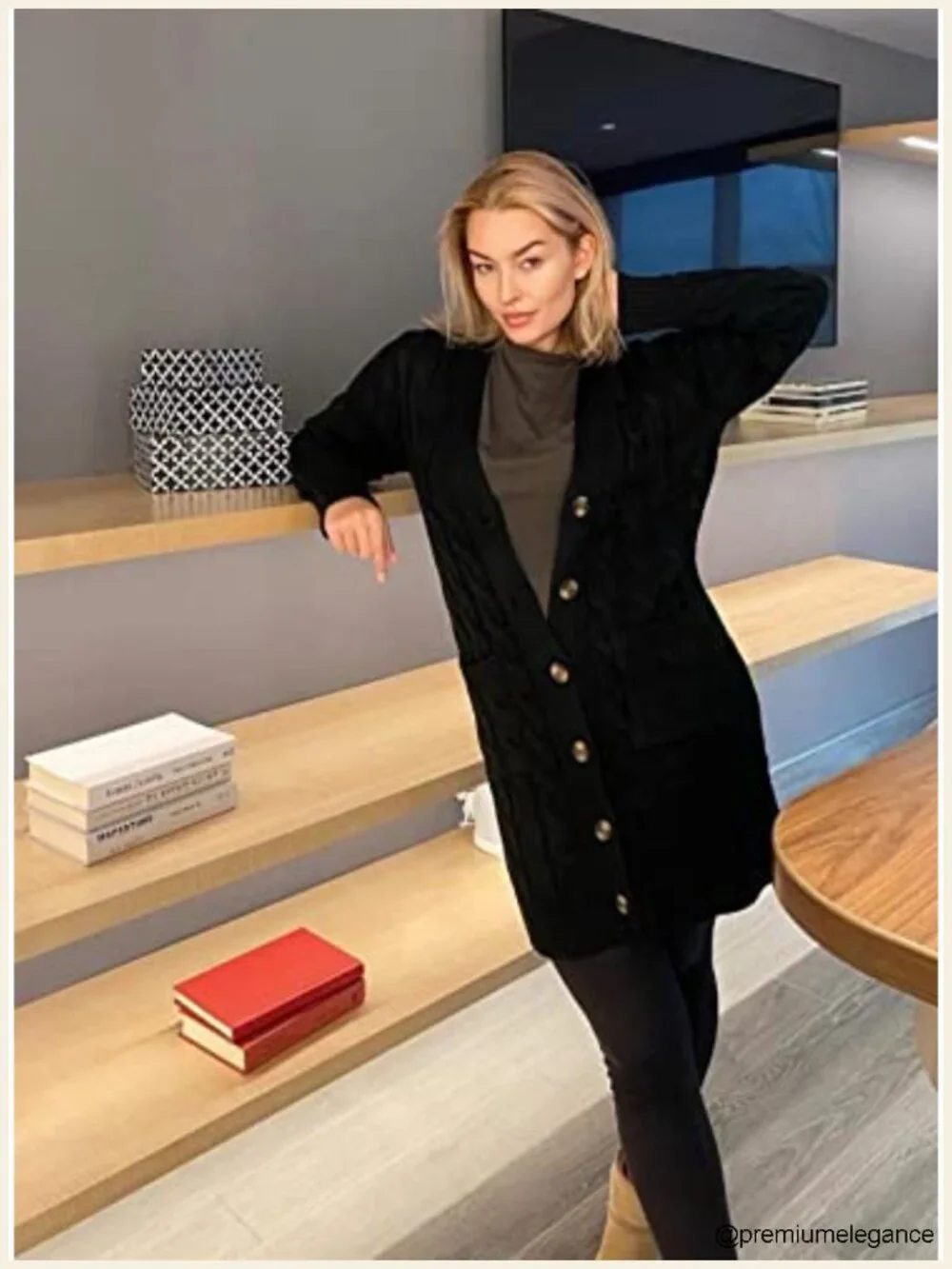 Long Cable Knit Cardigan with Pockets Chunky Open Front Button Down Sweater